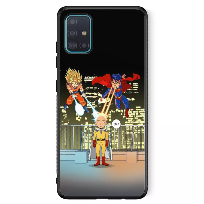 Fodral för Samsung Galaxy A51 5G Parodi One-Punch Man Saitama, Son Goku och Stålmannen