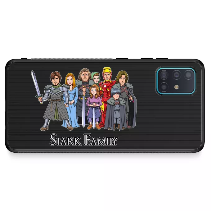 Samsung Galaxy A51 5G Handyhülle Parodie auf Game of Thrones Eddard, Catelyn, Robb, Sansa, Arya, Brian, Rickon und Tony Stark (Robert Downey Jr Caricature)