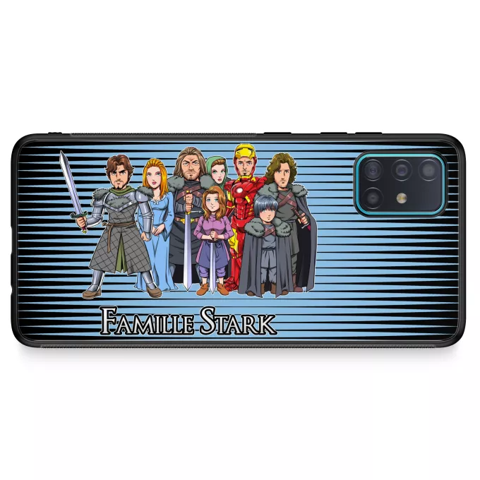 Coque pour téléphone portable Samsung Galaxy A51 5G Parodie Game of Thrones The Stark Family (Avec Robert Downey Jr dans le rôle de Tony) - Eddard, Catelyn, Robb, Sansa, Arya, Brian, Rickon, Tony Stark (Robert Downey Jr dans le rôle de Tony)
