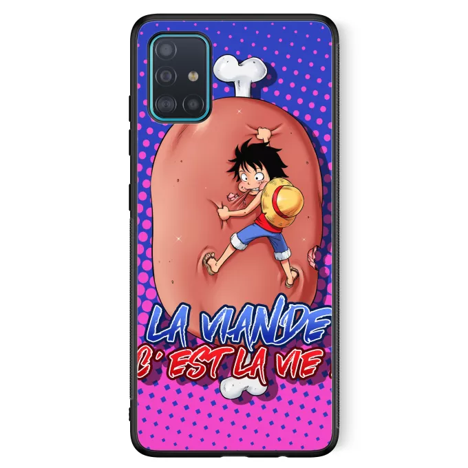 Coque pour téléphone portable Samsung Galaxy A51 5G Parodie One Piece La Viande c'est la Vie - Giga Gigot édition ! - Monkey D Luffy aka le Futur Roi des Pirates