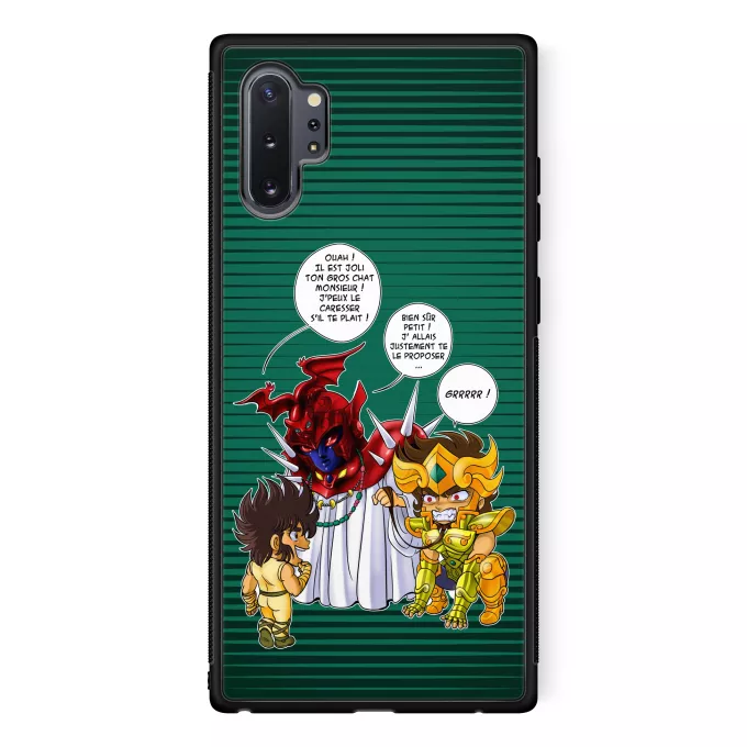 Coque pour téléphone portable Samsung Galaxy Note 10+ Parodie Saint Seiya Un gros chat sauvage en laisse ! - Aiolia chevalier d'or du Lion face au Grand Pope