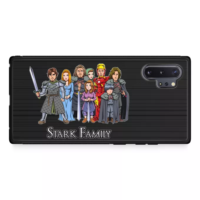 Samsung Galaxy Note 10+ Handyhülle Parodie auf Game of Thrones Eddard, Catelyn, Robb, Sansa, Arya, Brian, Rickon und Tony Stark (Robert Downey Jr Caricature)