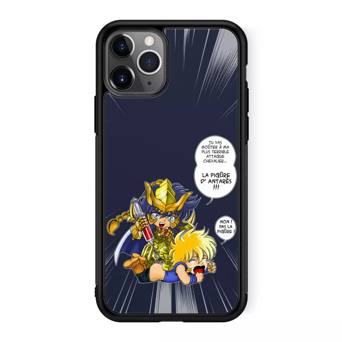 Coque pour téléphone portable iPhone 11 Pro Parodie Saint Seiya Non ! Pas la piqûre ! - Hyoga du cygne, Milo chevalier d'or du Scorpion