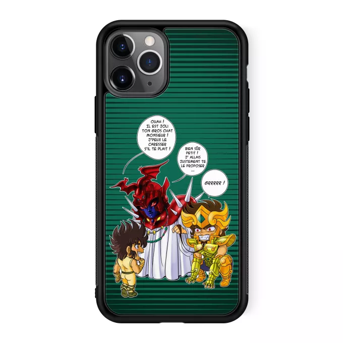 Coque pour téléphone portable iPhone 11 Pro Parodie Saint Seiya Un gros chat sauvage en laisse ! - Aiolia chevalier d'or du Lion face au Grand Pope
