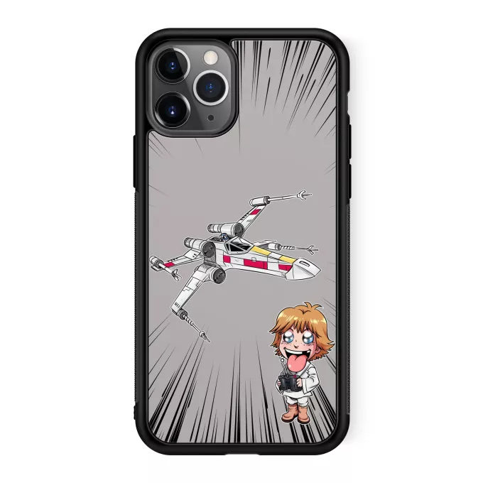 Hoesje voor iPhone 11 Pro Parodie Star Wars Cartoon SD Luke Skywalker en X-Wing Mini Drone
