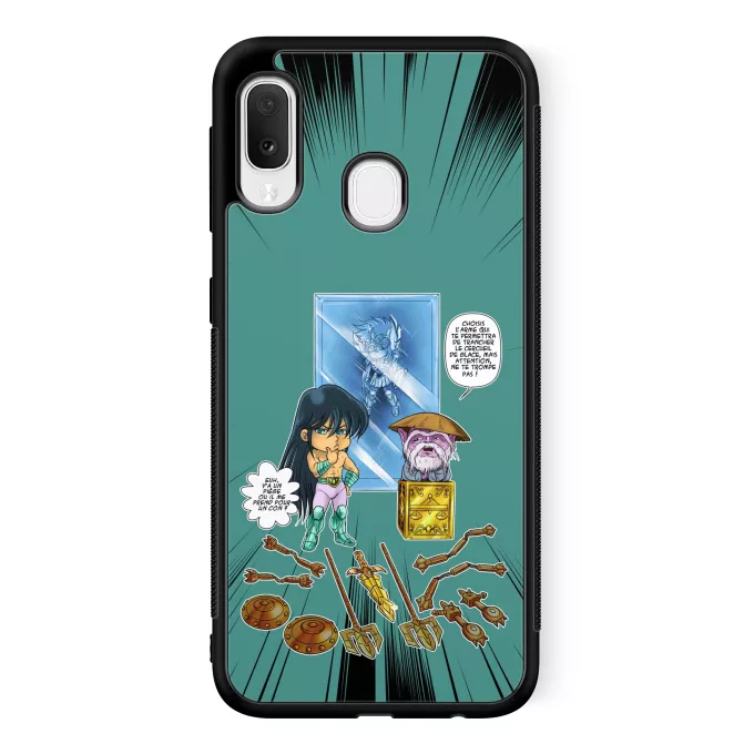 Coque pour téléphone portable Samsung Galaxy A20e Parodie Saint Seiya Un choix très difficile... - Shiryu du Dragon, Dohko chevalier d'or de la Balance