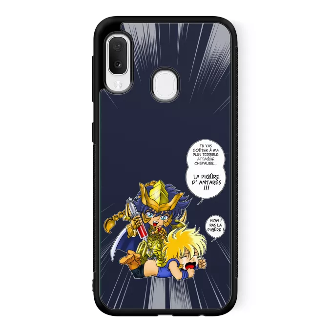 Coque pour téléphone portable Samsung Galaxy A20e Parodie Saint Seiya Non ! Pas la piqûre ! - Hyoga du cygne, Milo chevalier d'or du Scorpion