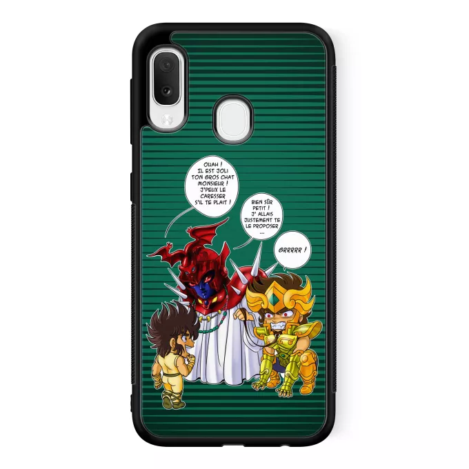 Coque pour téléphone portable Samsung Galaxy A20e Parodie Saint Seiya Un gros chat sauvage en laisse ! - Aiolia chevalier d'or du Lion face au Grand Pope
