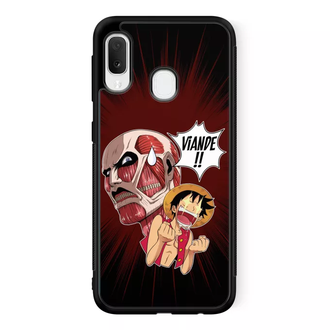 Coque pour téléphone portable Samsung Galaxy A20e Parodie One Piece Steak Titanesque... - Titan Colossal VS Luffy