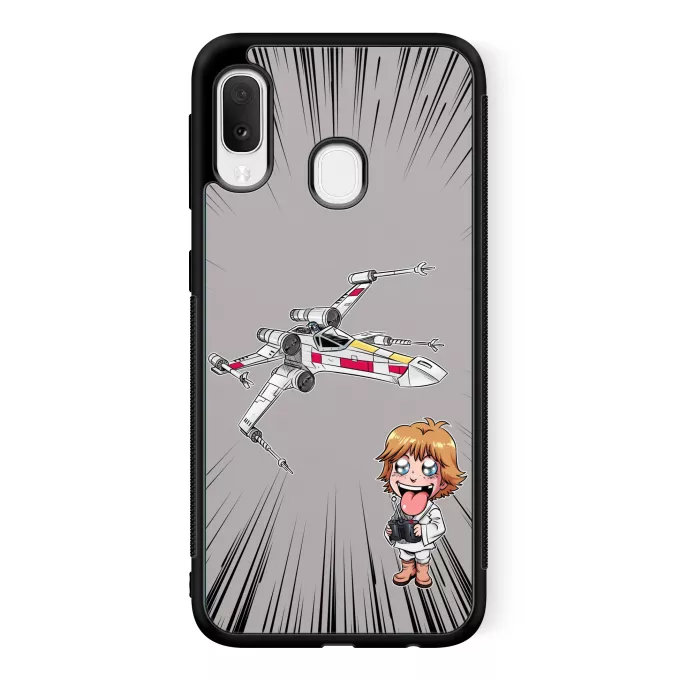 Hoesje voor Samsung Galaxy A20e Parodie Star Wars Cartoon SD Luke Skywalker en X-Wing Mini Drone