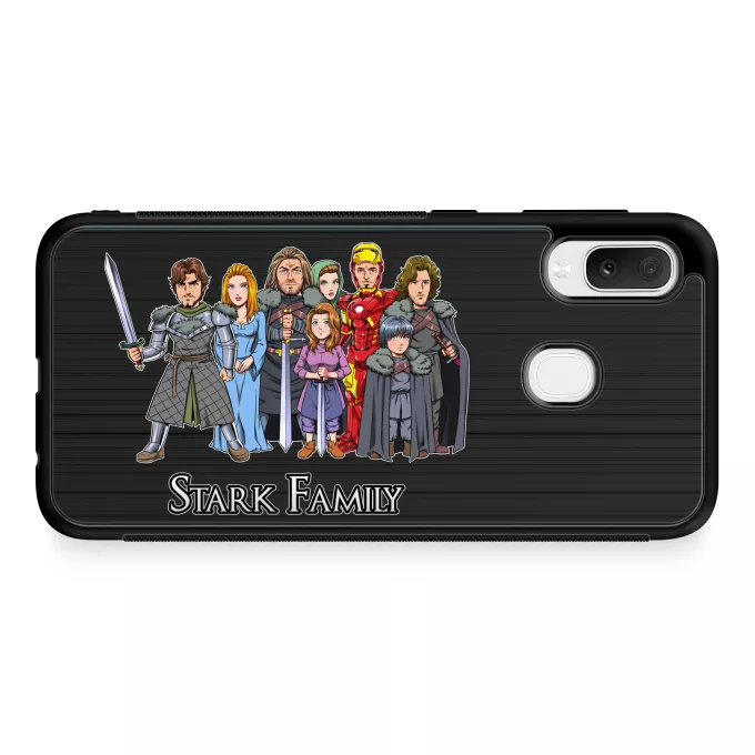 Samsung Galaxy A20e Handyhülle Parodie auf Game of Thrones Eddard, Catelyn, Robb, Sansa, Arya, Brian, Rickon und Tony Stark (Robert Downey Jr Caricature)