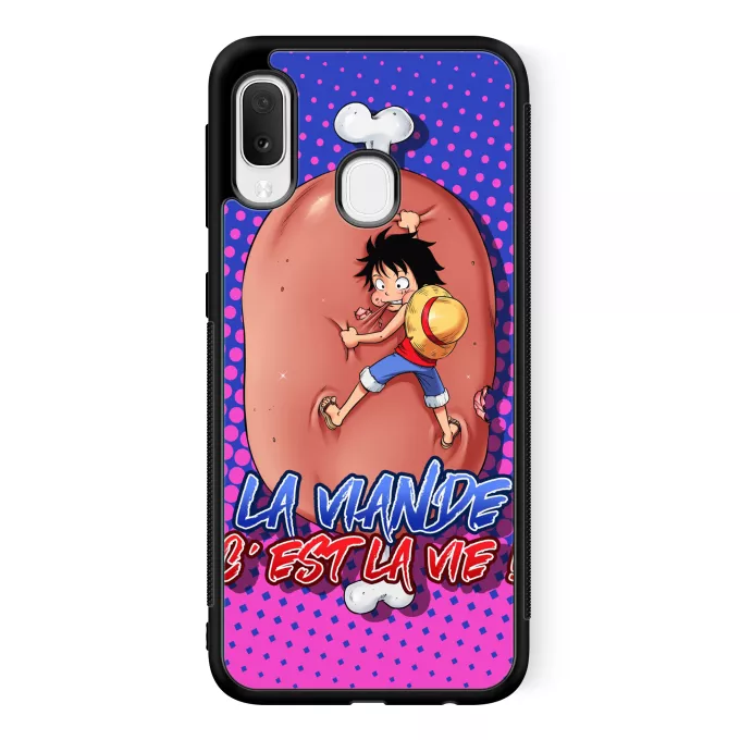 Coque pour téléphone portable Samsung Galaxy A20e Parodie One Piece La Viande c'est la Vie - Giga Gigot édition ! - Monkey D Luffy aka le Futur Roi des Pirates