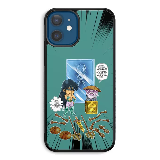Coque pour téléphone portable iPhone 12 et iPhone 12 Pro (6.1) Parodie Saint Seiya Un choix très difficile... - Shiryu du Dragon, Dohko chevalier d'or de la Balance