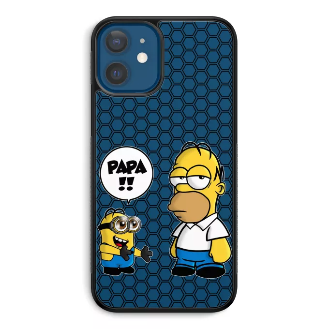 Coque pour téléphone portable iPhone 12 et iPhone 12 Pro (6.1) Parodie Les Minions Un fiston trop mignon (Super Deformed) - Homer Simpson, Kévin le Minion