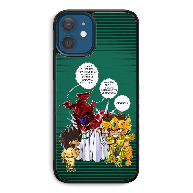 Coque pour téléphone portable iPhone 12 et iPhone 12 Pro (6.1) Parodie Saint Seiya Un gros chat sauvage en laisse ! - Aiolia chevalier d'or du Lion face au Grand Pope