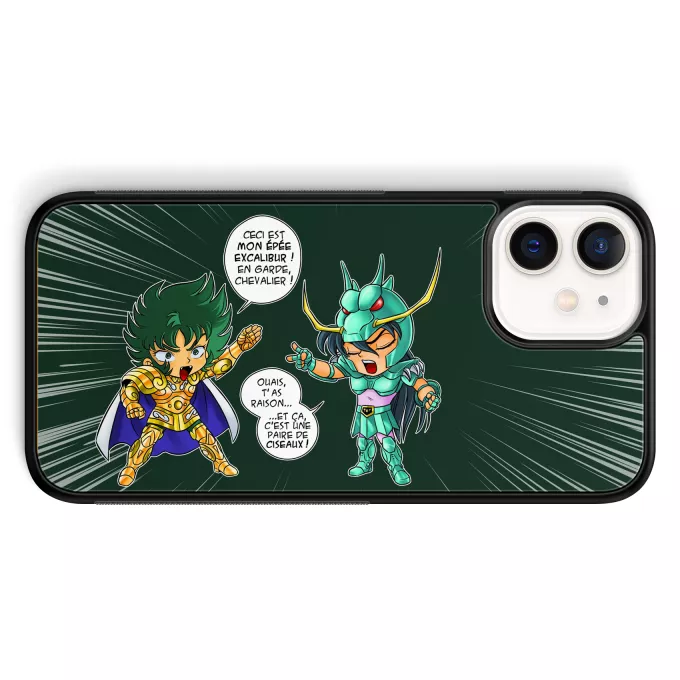 Coque pour téléphone portable iPhone 12 Mini (5.4) Parodie Saint Seiya J't'ai cassé là ! - Shura chevalier d'or du Capricorne, Shiryu du Dragon