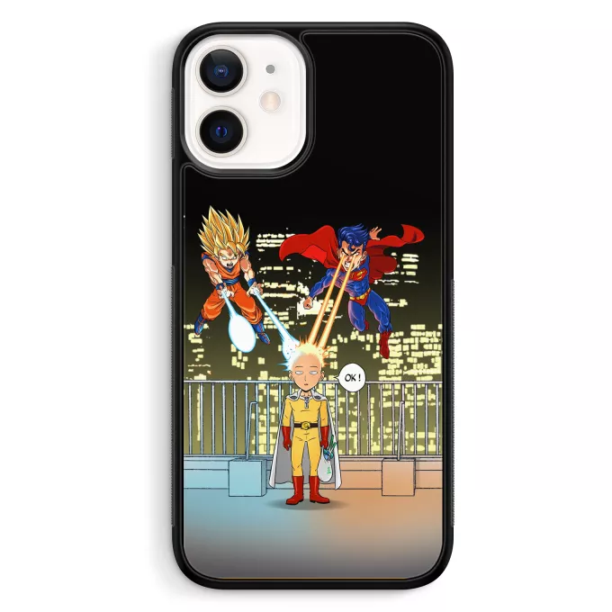 Fodral för iPhone 12 Mini (5.4) Parodi One-Punch Man Saitama, Son Goku och Stålmannen