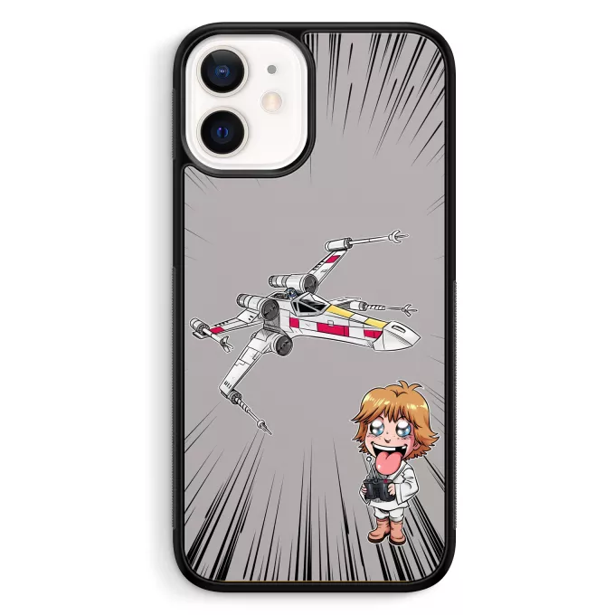 Hoesje voor iPhone 12 Mini (5.4) Parodie Star Wars Cartoon SD Luke Skywalker en X-Wing Mini Drone