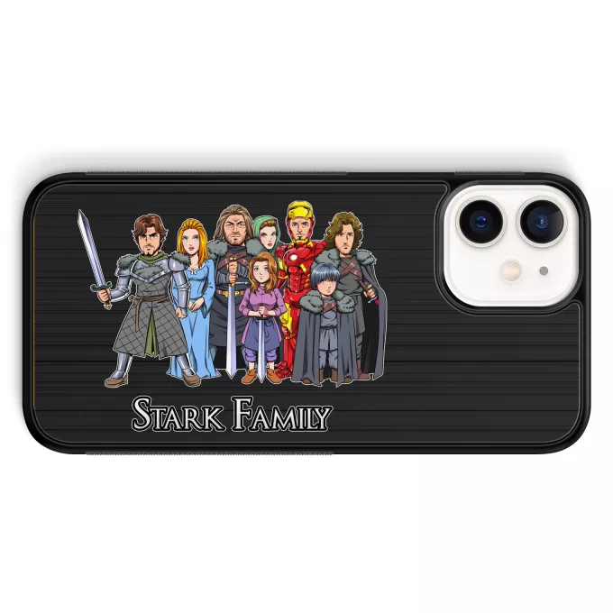 iPhone 12 Mini (5.4) Handyhülle Parodie auf Game of Thrones Eddard, Catelyn, Robb, Sansa, Arya, Brian, Rickon und Tony Stark (Robert Downey Jr Caricature)