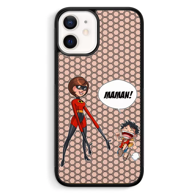Coque pour téléphone portable iPhone 12 Mini (5.4) Parodie One Piece Super Maman !! - Elasticgirl la Maman indestructible, Luffy