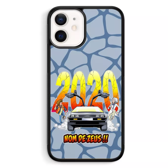 Coque pour téléphone portable iPhone 12 Mini (5.4) Parodie Retour vers le Futur Nom de Zeus, retournons dans le passé !! - Doc Brown et Marty MacFly