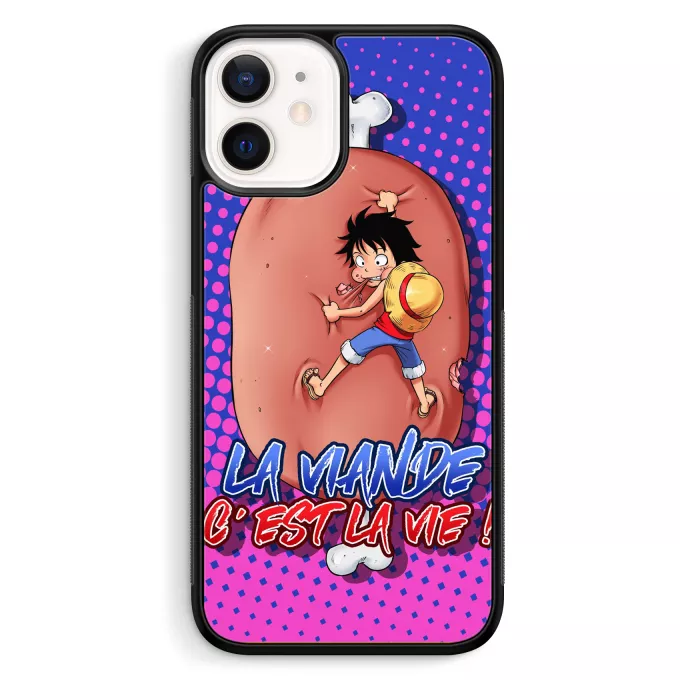 Coque pour téléphone portable iPhone 12 Mini (5.4) Parodie One Piece La Viande c'est la Vie - Giga Gigot édition ! - Monkey D Luffy aka le Futur Roi des Pirates