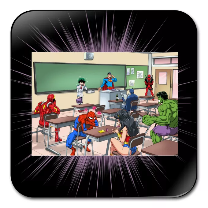 Underlägg Parodi My Hero Academia Deku med Deadpool,Stålmannen, Iron Man, Wonder Woman, Spindelmannen, Batman och Hulk