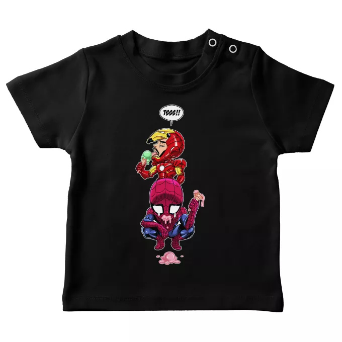 Baby T-shirts Parodi Iron Man - Järnmannen Spider-Man och Iron Man - Spider-Man aka Peter Parker, Iron Man aka Tony Stark