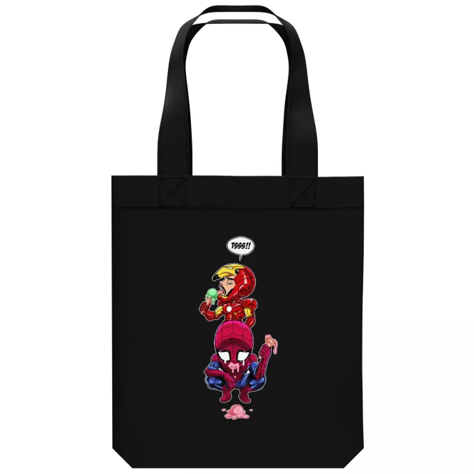 Ekologisk bomullsväska (Tote Bag) Parodi Iron Man - Järnmannen Spider-Man och Iron Man - Spider-Man aka Peter Parker, Iron Man aka Tony Stark