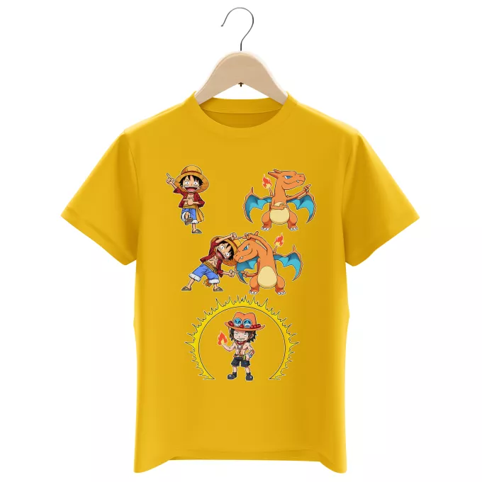 T-shirts Enfants Garçons Parodie One Piece - Pokémon FIRE FUSION !! - Luffy, Ace, Dracaufeu