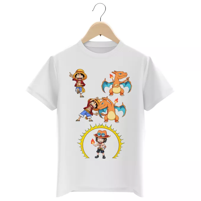 T-shirts Enfants Garçons Parodie One Piece - Pokémon FIRE FUSION !! - Luffy, Ace, Dracaufeu
