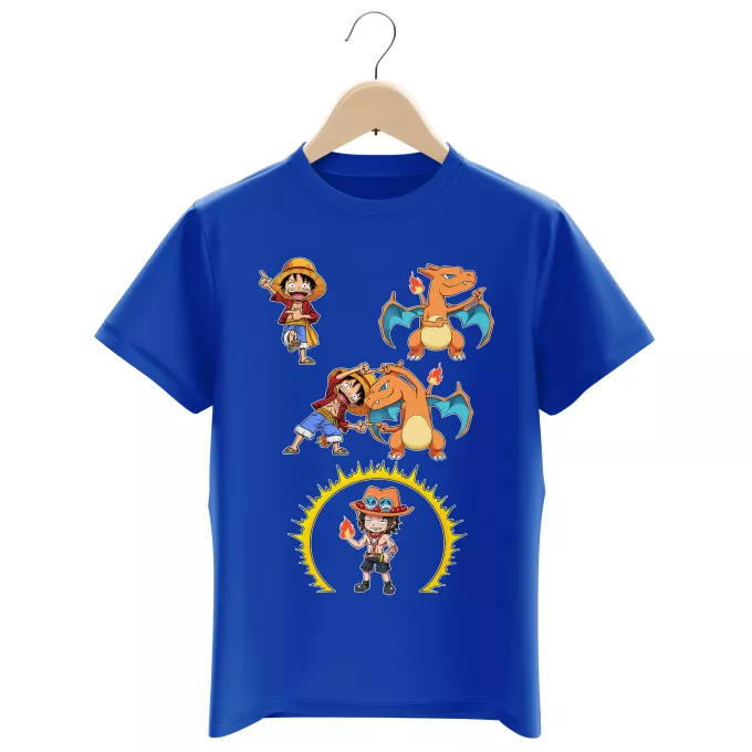T-shirts Enfants Garçons Parodie One Piece - Pokémon FIRE FUSION !! - Luffy, Ace, Dracaufeu