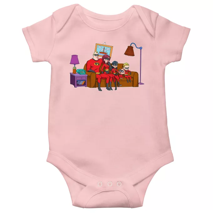Body baby korta ärmar (flicka) Parodi Superhjältarna När det otroliga möter det vardagliga! - The Incredibles, Bob Parr aka Mr Incredible, Elastigirl, Violet, Dash, Jack-Jack