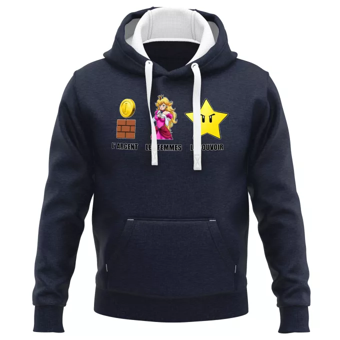 Sweat-shirts à Capuche PREMIUM Parodie Super Mario Argent, Femmes et Pouvoir ! - Princesse Peach, l'étoile d'invincibilité