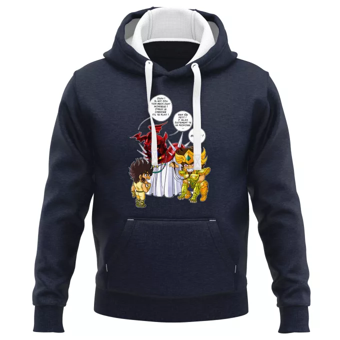 Sweat-shirts à Capuche PREMIUM Parodie Saint Seiya Un gros chat sauvage en laisse ! - Aiolia chevalier d'or du Lion face au Grand Pope