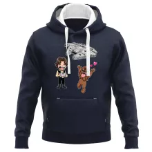 Felpa con cappuccio Caricature SD “Caricature SD di Han Solo e Chewbacca e il Falcon Millenium Mini Drone” – Parodia dei Star Wars