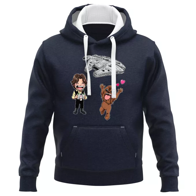 PREMIUM Kapuzenpullover Parodie auf Star Wars Han Solo und Chewbacca SD Karikaturen und Das Falcon Millenium Mini Drone
