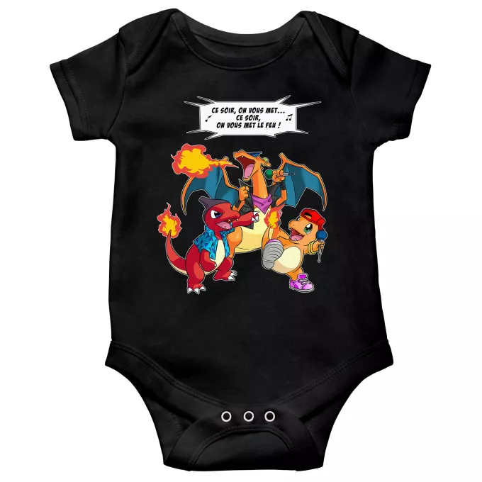 Body bébé manches courtes Parodie Pokémon Ce soir, on vous met le Feu ! - Dracaufeu, Reptincel, Salamèche