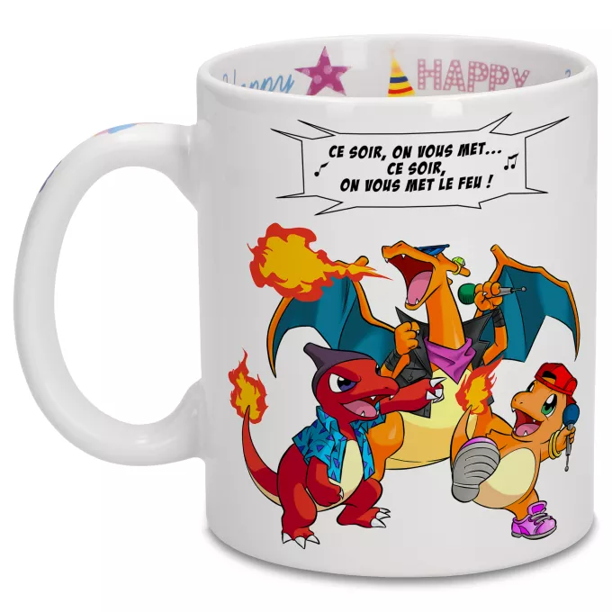 Mugs Anniversaire Parodie Pokémon Ce soir, on vous met le Feu ! - Dracaufeu, Reptincel, Salamèche