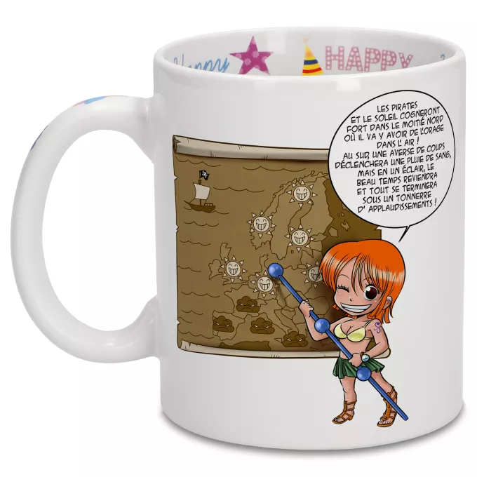 Mugs Anniversaire Parodie One Piece Les prévisions de Météo Pirate pour le prochain épisode ! - Nami