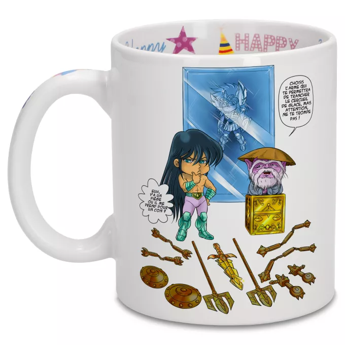 Mugs Anniversaire Parodie Saint Seiya Un choix très difficile... - Shiryu du Dragon, Dohko chevalier d'or de la Balance