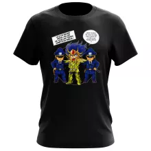 T-shirt Death Mask « L'affaire D.S.Mask ( Il affichait le visage de ses victimes sur les murs de son temple...) » – Parodie Saint Seiya