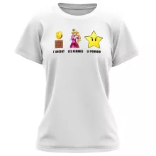 T-shirt Femme Princesse Peach « Argent, Femmes et Pouvoir ! » – Parodie Super Mario