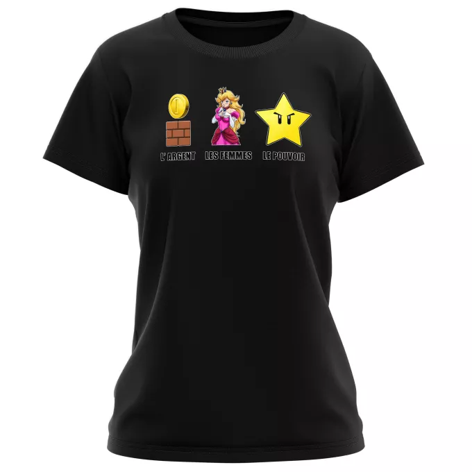 T-shirts Femmes Parodie Super Mario Argent, Femmes et Pouvoir ! - Princesse Peach, l'étoile d'invincibilité