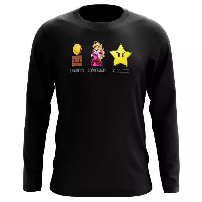 T-Shirts manches longues Parodie Super Mario Argent, Femmes et Pouvoir ! - Princesse Peach, l'étoile d'invincibilité