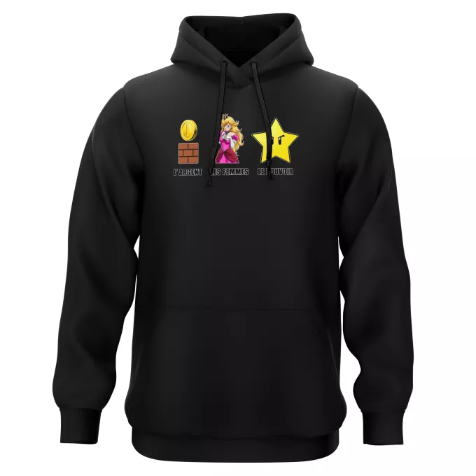 Sweat-shirts à Capuche Parodie Super Mario Argent, Femmes et Pouvoir ! - Princesse Peach, l'étoile d'invincibilité