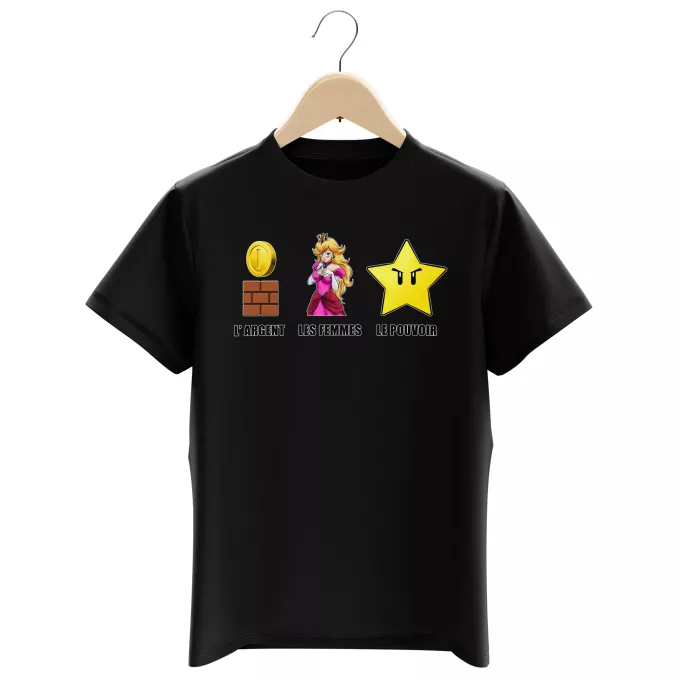 T-shirts Enfants Garçons Parodie Super Mario Argent, Femmes et Pouvoir ! - Princesse Peach, l'étoile d'invincibilité