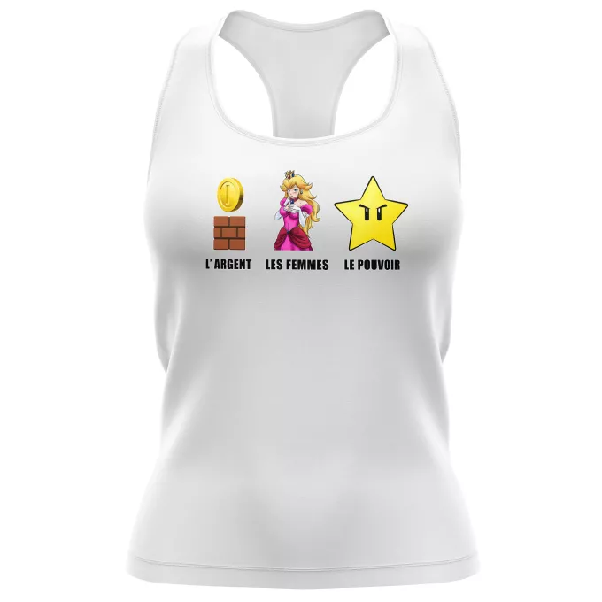 Débardeur Femme Parodie Super Mario Argent, Femmes et Pouvoir ! - Princesse Peach, l'étoile d'invincibilité
