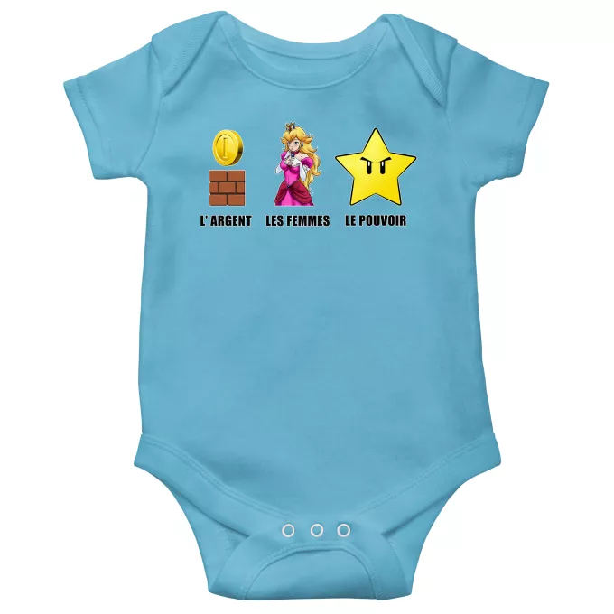 Body bébé manches courtes (garçons) Parodie Super Mario Argent, Femmes et Pouvoir ! - Princesse Peach, l'étoile d'invincibilité