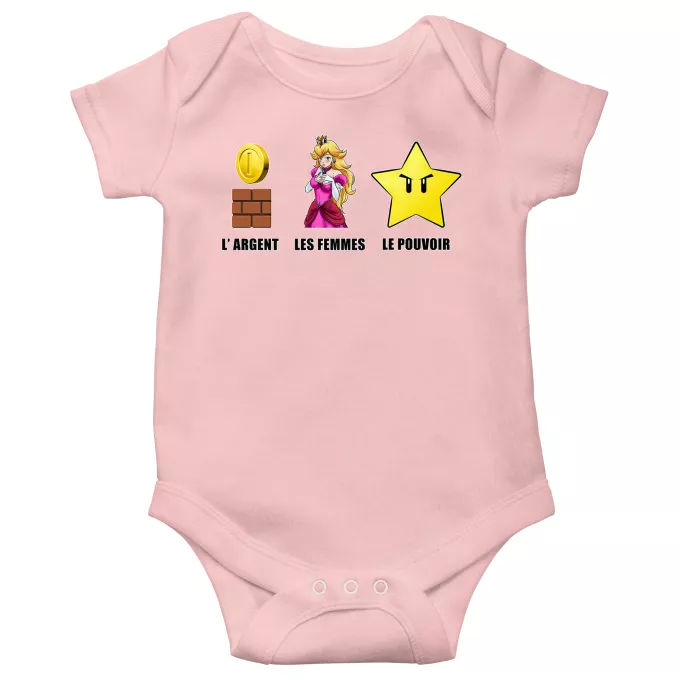 Body bébé manches courtes (Filles) Parodie Super Mario Argent, Femmes et Pouvoir ! - Princesse Peach, l'étoile d'invincibilité